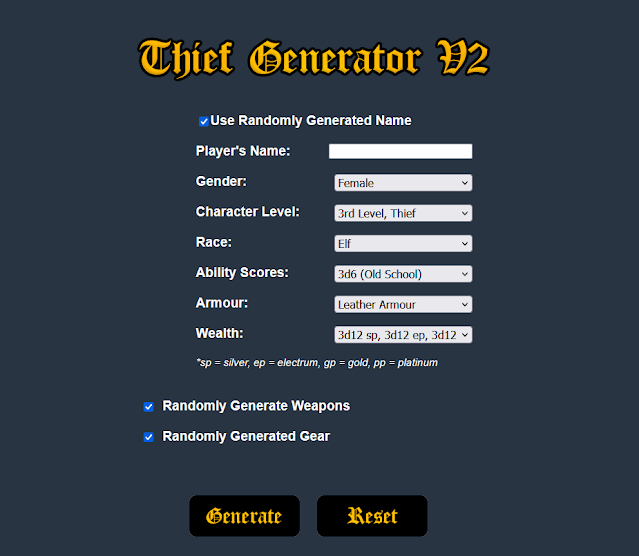 Screenshot Thief Character Generator Version 2