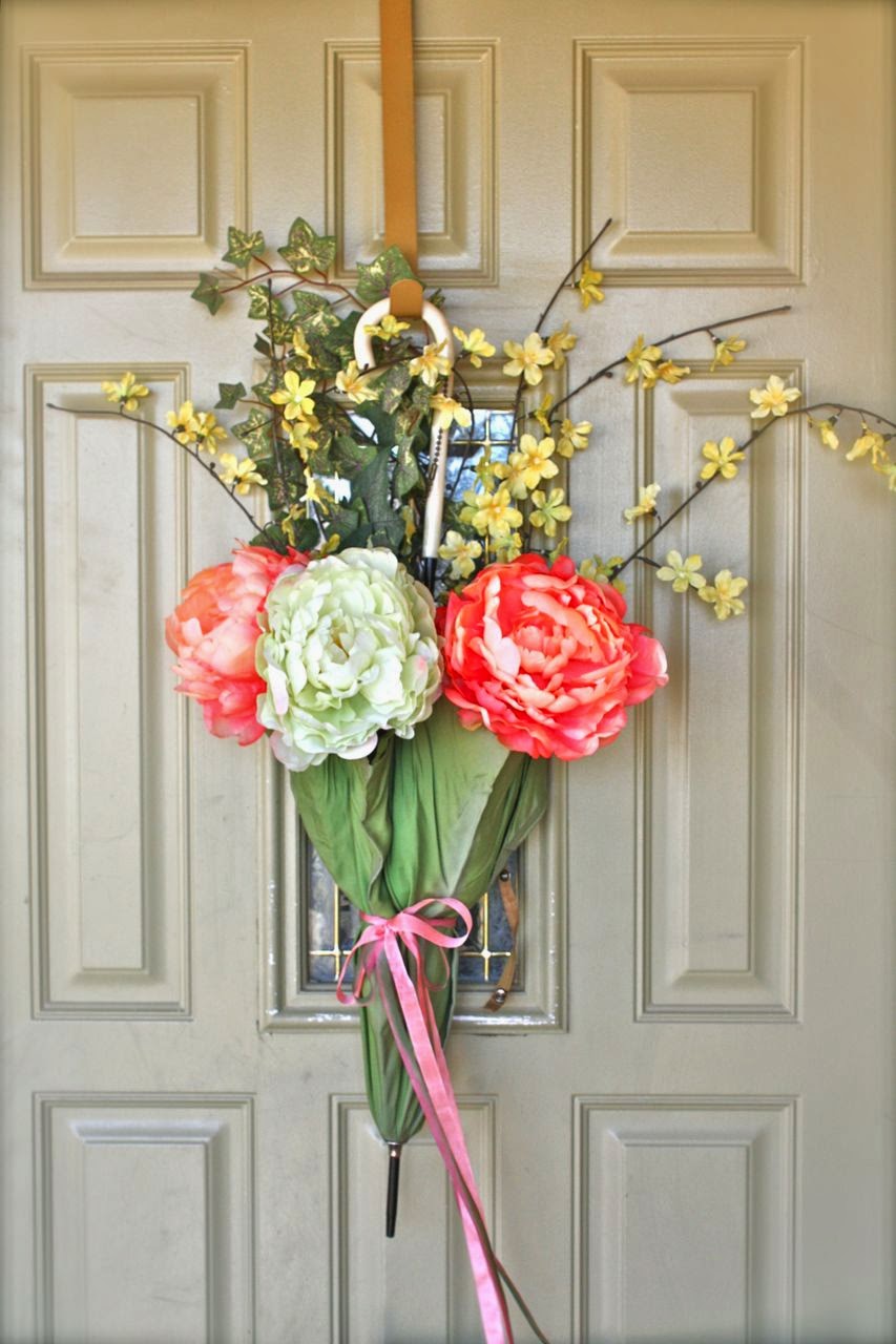 Mish Mash Front door Spring decor...vintage umbrella floral arrangement