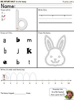 A page divided into five sections with a different way to practice forming and recognizing the letter b in each section. One section includes a bunny to trace.