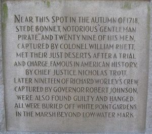 Pirate Monunment - White Point Garden, Charleston Close up of an old plaque in White Point Garden, Charleston, commemorating the hanging of Stede Bonnet and 29 other pirates