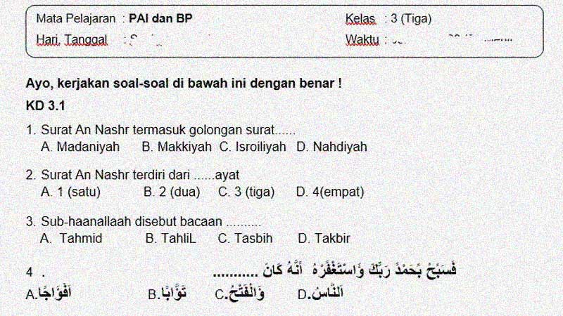 Soal Dan Kunci Jawaban Pts Mapel Pai Dan Bp Kelas 3 Semester 1 Sekolahdasar Net