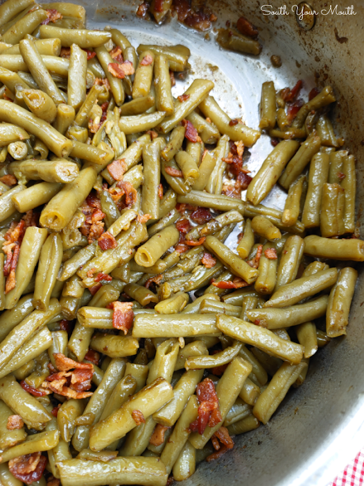 Southern-Style Canned Green Beans! The trick to making perfectly cooked Southern-style green beans with canned beans - the beans don’t fall apart but taste like they’ve cooked all day!