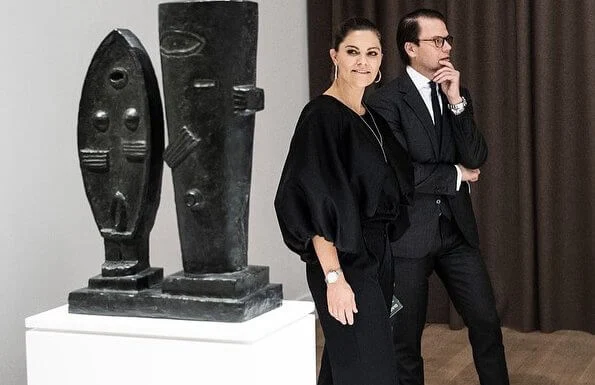 Crown Princess Victoria and Prince Daniel. satin balloon sleeve blouse and, crew neckline, balloon sleeves, velvet trousers, Cravingfor earrings