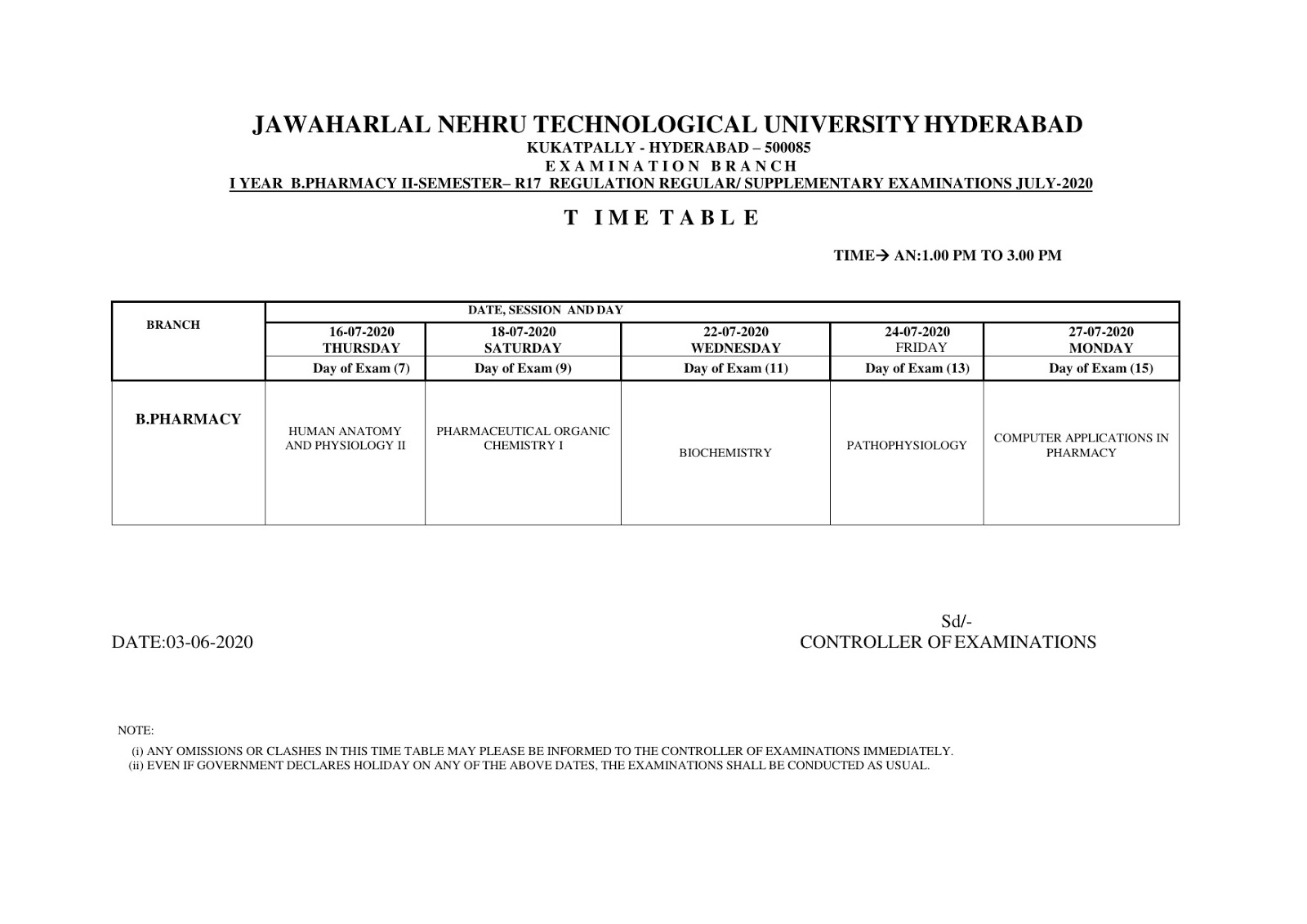 jntu hyderabad b.pharm 1st year 2nd sem r-17 reg & supply july 2020 time table