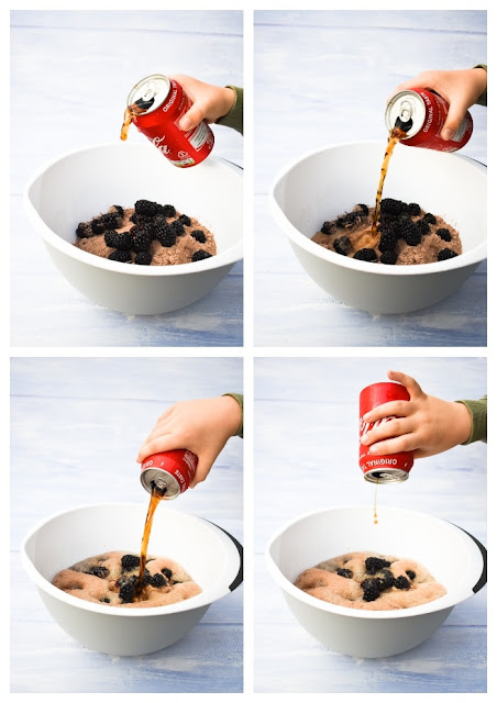 Quick Blackberry Chocolate Cake - adding fizzy coke to cake mix