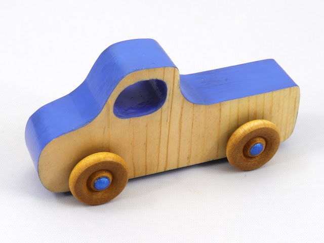 Handmade Wood Toy Pickup Truck from the Play Pal Series Blue Two Tone Body With Metallic Blue Hubs