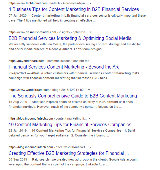 'content marketing in b2b financial services' search results