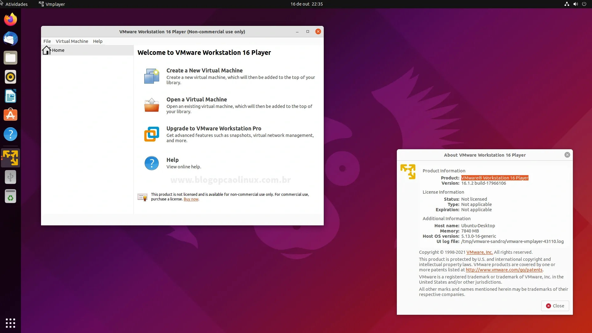 VMware Workstation Player executando no Debian 11 Bullseye, com o ambiente de área de trabalho GNOME