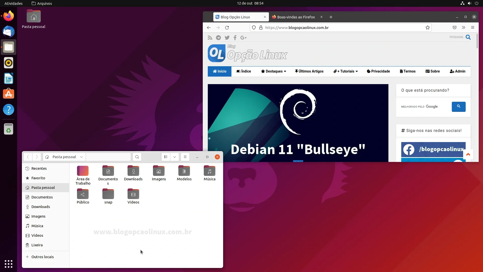 Área de trabalho do Ubuntu 21.10 'Impish Indri' recém-instalado