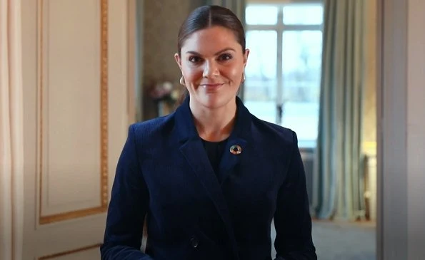 Princess Victoria wore a navy-blue suit by Dagmar. House of Dagmar Tuva cord blazer. Professor Claire Kremen