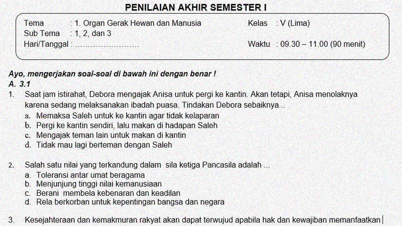 Soal Dan Jawaban Penilaian Akhir Semester 1 Kelas 5 Tema 1 Sekolahdasar Net