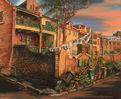 Plein air painting of heritage terraces in Lower Fort Street Millers Point with protest banners painted by industrial heritage artist Jane Bennett