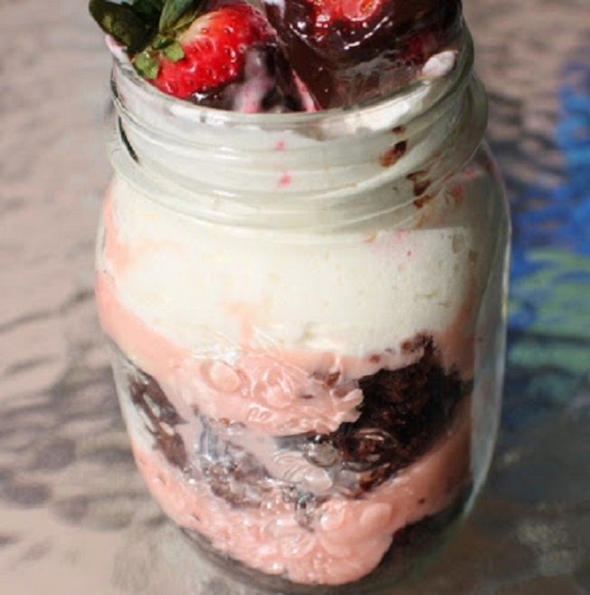 this is a contest winning brownie tiramisu in a mason jar sponsored by Kraft and Bakers Chocolate