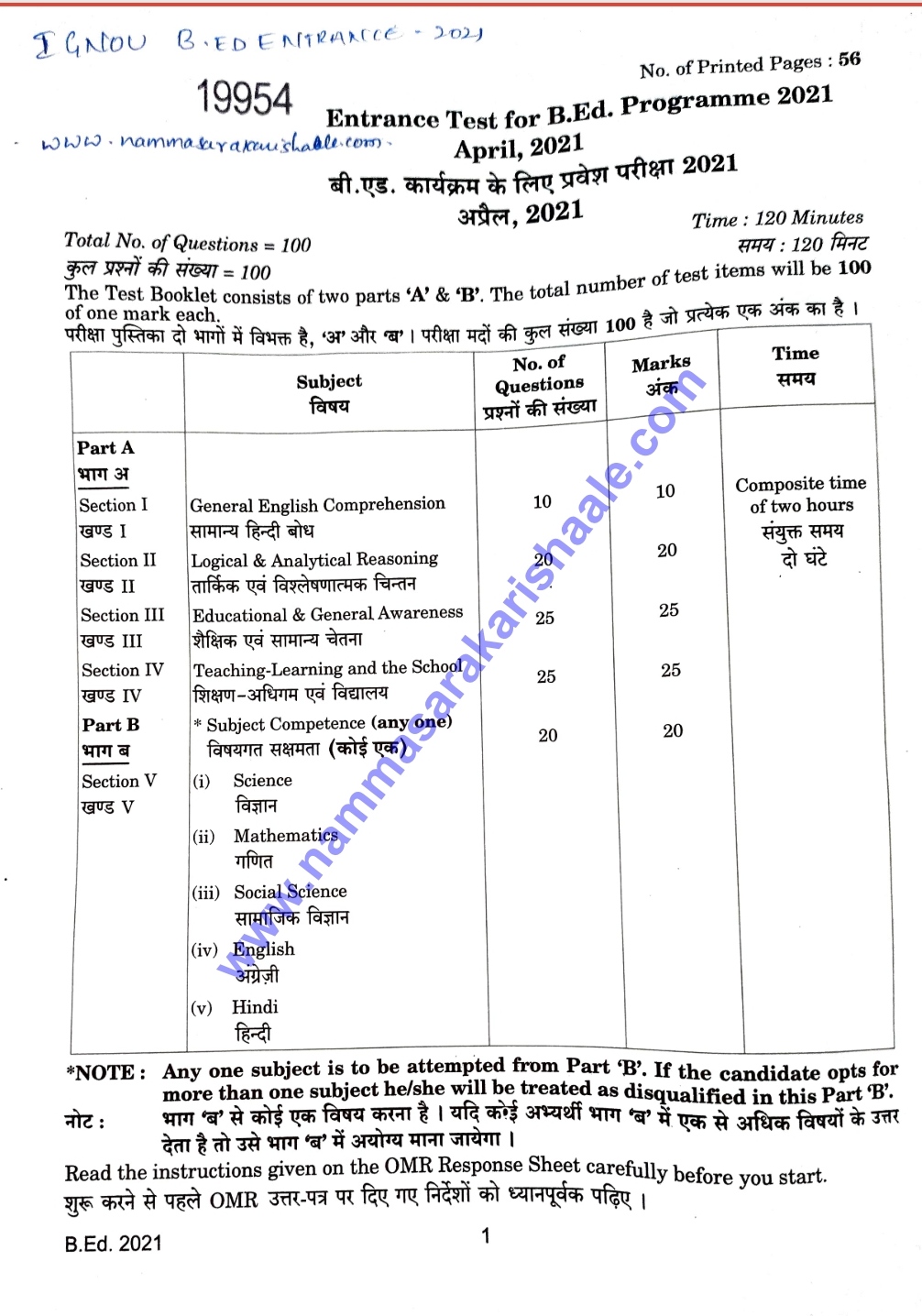 Today's Ignou BEd entrance examination question paper April 2021