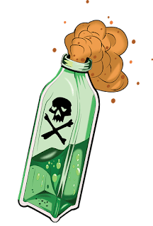 green bottle with a poison symbol on it holding green fluid with brown fumes coming out