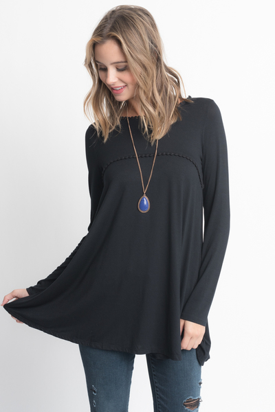 Shop for Black pom pom trim long sleeve jersey tunic top on caralase.com