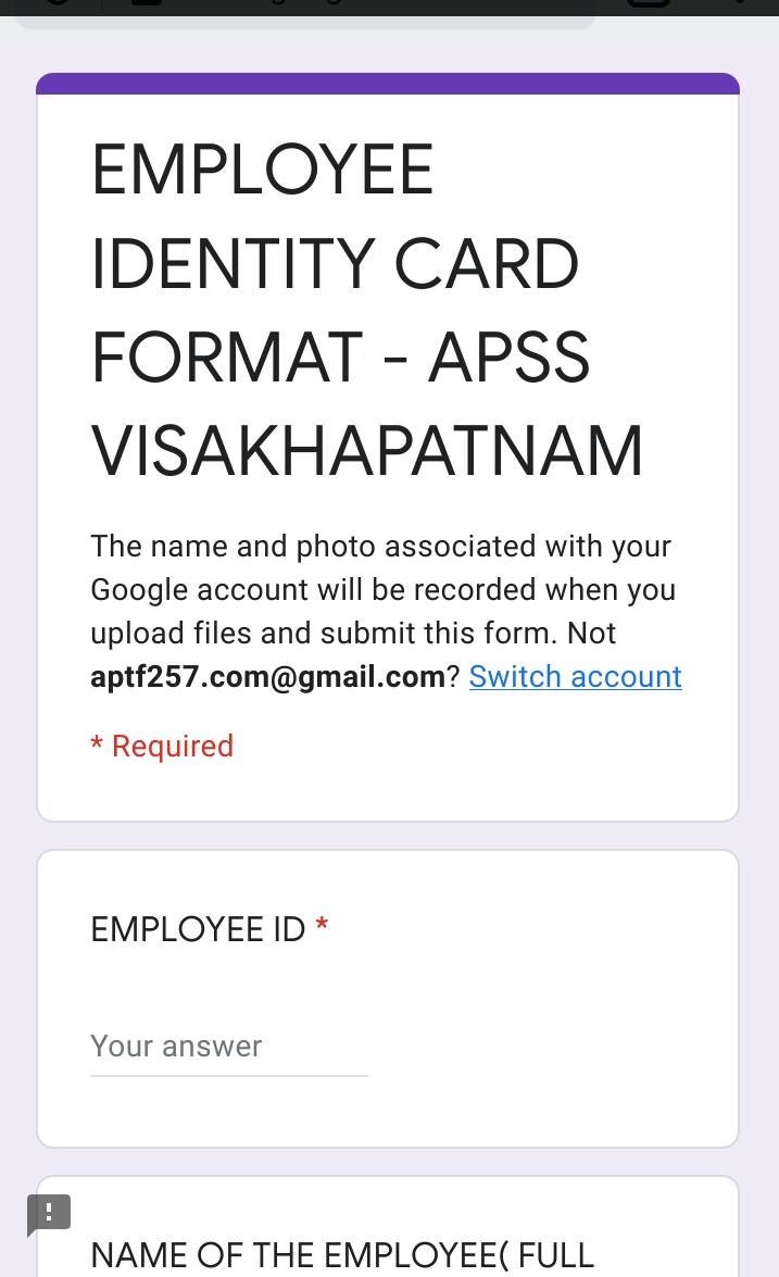 APTF VIZAG EMPLOYEE IDENTITY CARD FORMAT APSS VISAKHAPATNAM