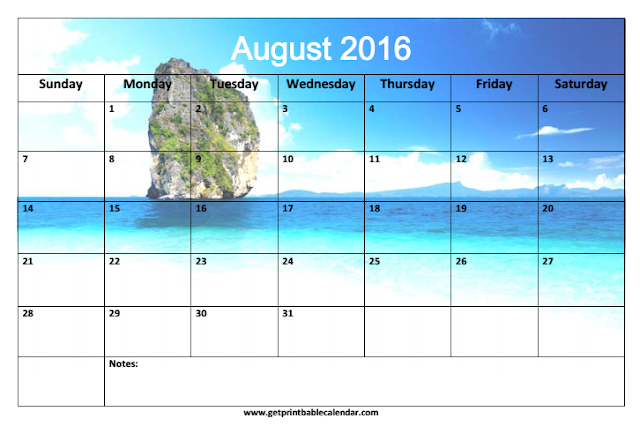 August 2016 Beach Calendar, August 2016 Beach Calendar Printable, August 2016 Beach Calendar Template, August 2016 Beach Blank Calendar