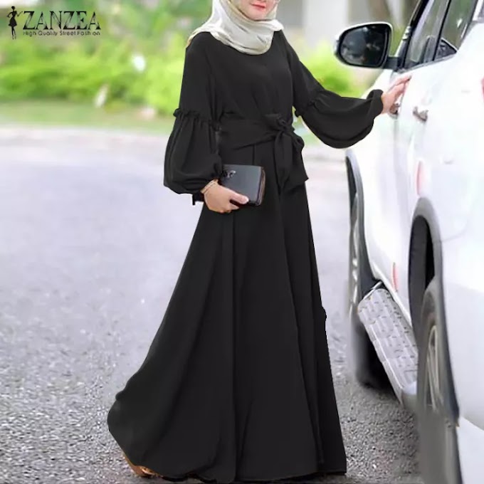 Muslimah Women Casual Holiday Puff Sleeve Round Neck Tunics Muslim Long Shirt Dress.