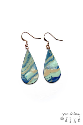 Boucles oreilles pâte polymère Silk Screen Moiko Mokume Gane Bleu Sahara Feuilles métallique bleues Cernit Fimo Stenna Création