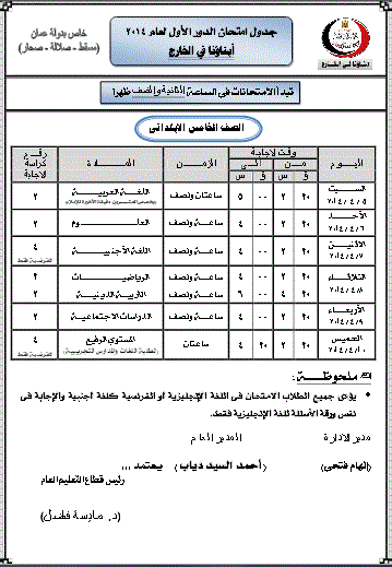 جداول امتحانات الصف الأول الابتدائى إلى الصف الثانى الثانوى الترم الثانى 2014 لدولة عمان 5p