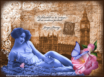 collage vintage digital con foto de dama antigua con Londres al fondo