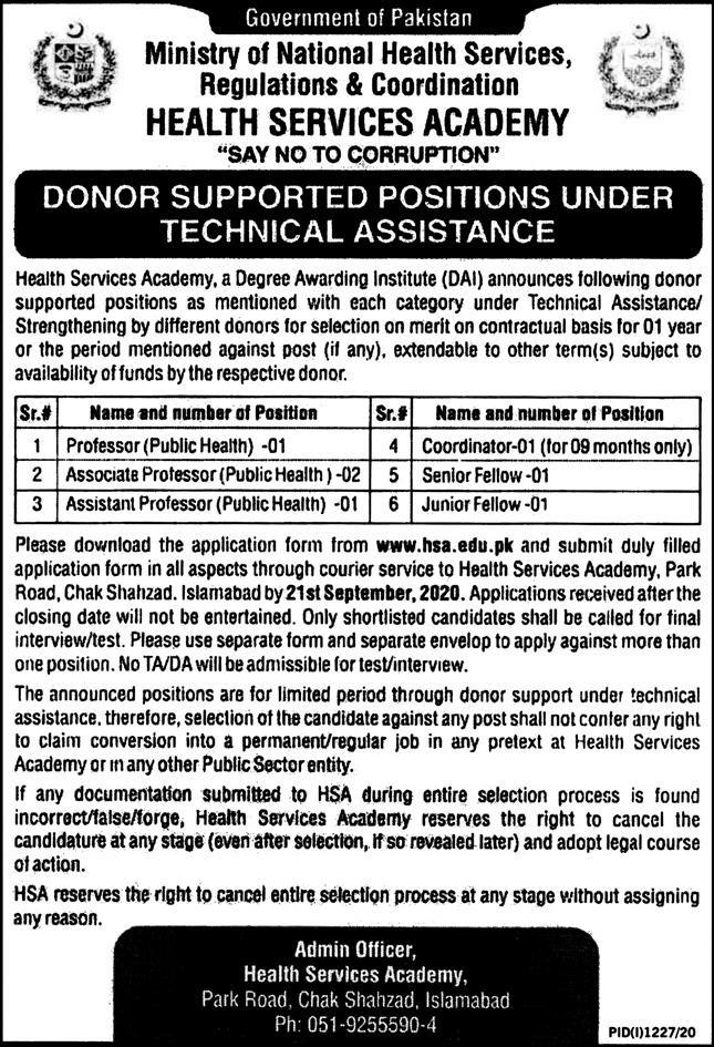 New Jobs In Health Services Academy Islamabad 2020