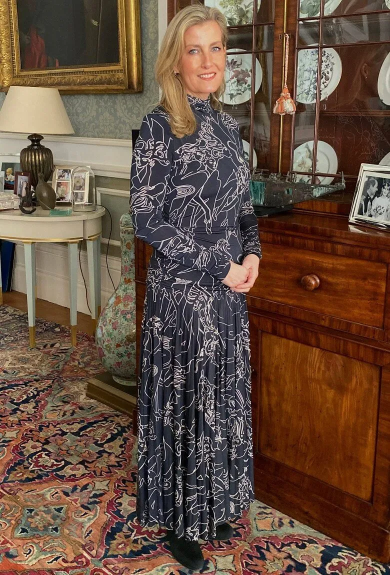 Queen Elizabeth II Prize for Design 2021. The Countess of Wessex wore Victoria Beckham Pleated printed stretch-crepe turtleneck maxi dress