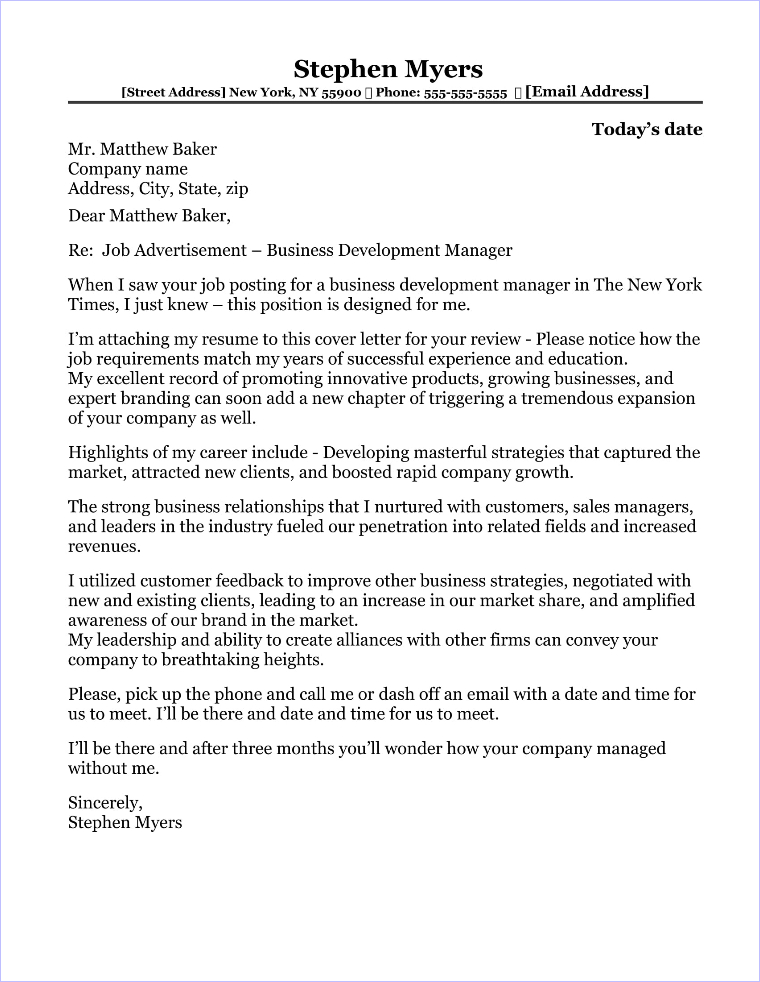 cover letter for a business development executive position