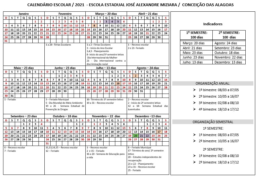 Calendário Escolar - ESCOLA JOSÉ ALEXANDRE MIZIARA