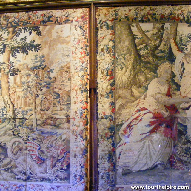 Tapestry and photograph of tapestry off for conservation, Chateau of Chenonceau, Indre et Loire, France. Photo by Loire Valley Time Travel.