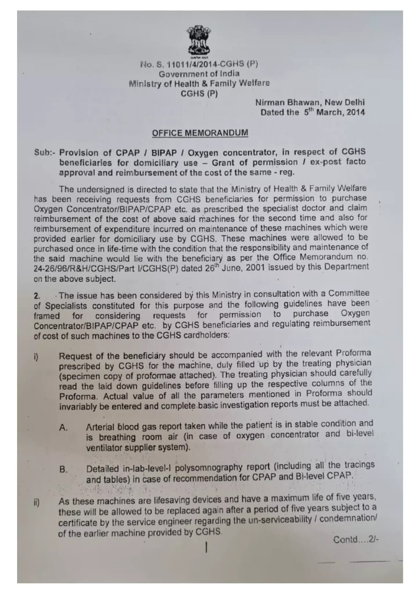 Provision of CPAP/BIPAP/Oxygen concentrator, in respect of CGHS