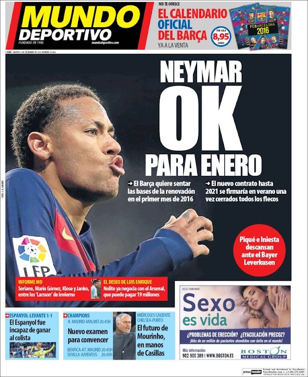 FC Barcelona, Mundo Deportivo: "Neymar OK para enero"