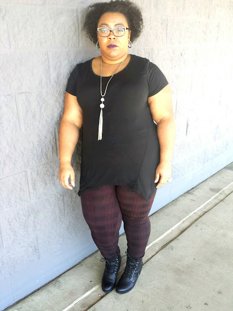 Plus size black tunic, maroon printed leggings and black stacked combat booties