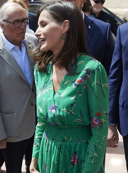 Queen Letizia wore a flower print asymmetric silk midi dress by Maje Paris. International School of Music of Princess of Asturias Foundation