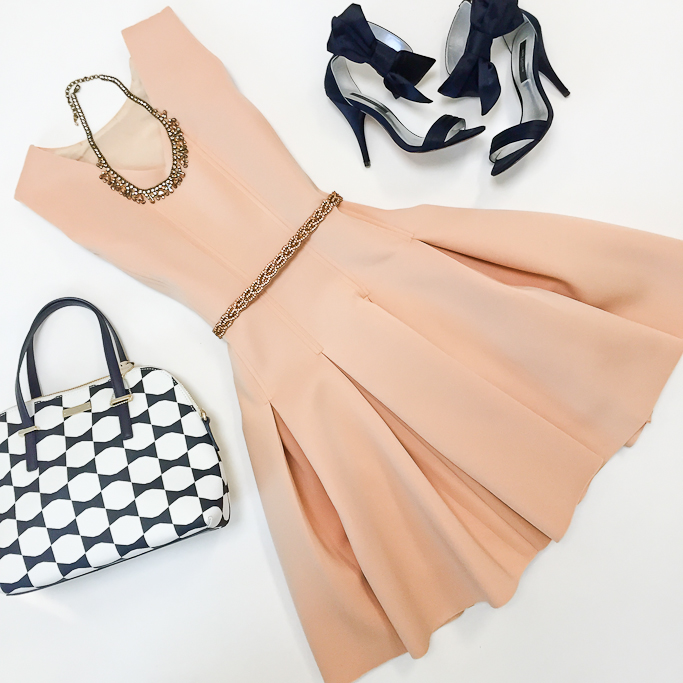 Ann Taylor Jackie Bow Sandals, Anthropologie Plaited Stardust Belt, Chicwish New Favored Pleated Dress in Nude, Kate Spade cedar street bow purse, Anthropologie sparkled peche bib necklace, outfit flatlay