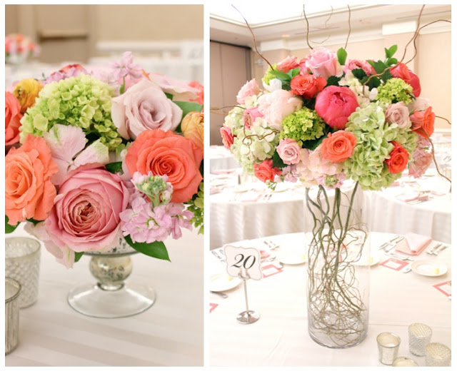 coral peach blush centerpieces in mecury glass compote urn with garden roses and curly willow branches elevated large centerpiece low mounded centerpiece jumbo hydrangea orange ranunculus baronette renaissance hotel novi michigan sweet pea floral design ann arbor detroit wedding flowers