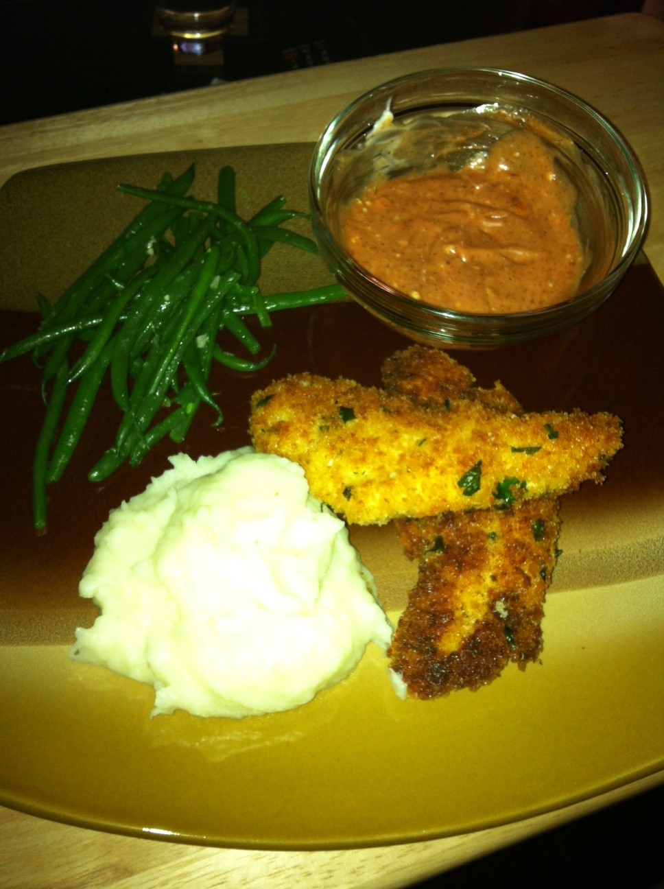 Live * Laugh * Eat Breaded Chicken Tenderloin Strips with a Chipotle Dip.