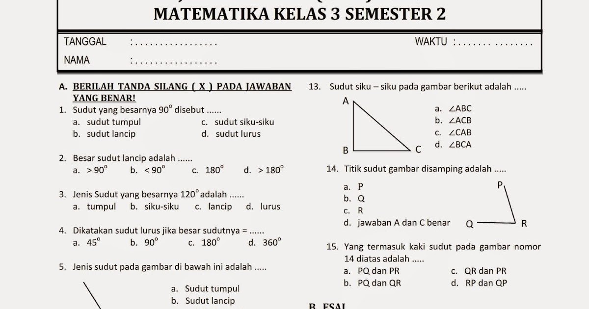 Soal Matematika Kelas 4 Semester 2 Sudut