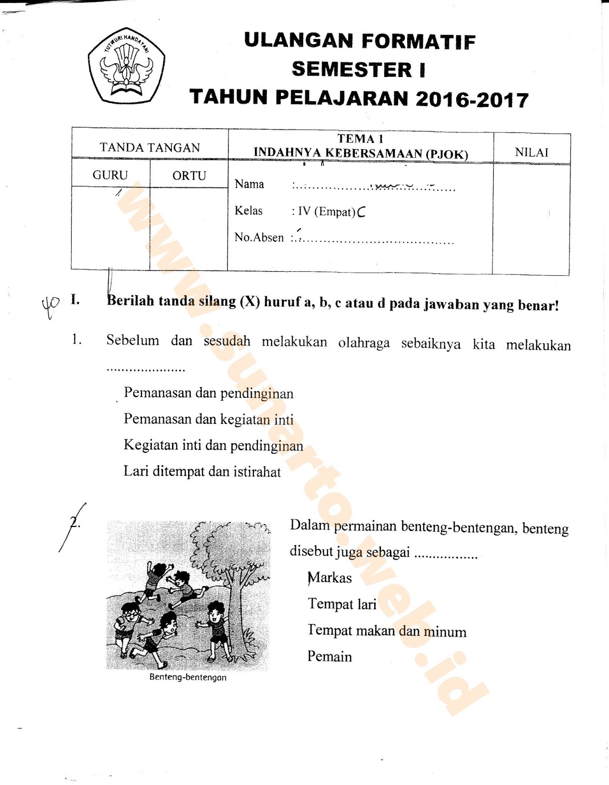Formatif Tema 1 PJOK Halaman 1 Kelas 4 SD Semester Ganjil TA 2016 2017 Kurikulum2013