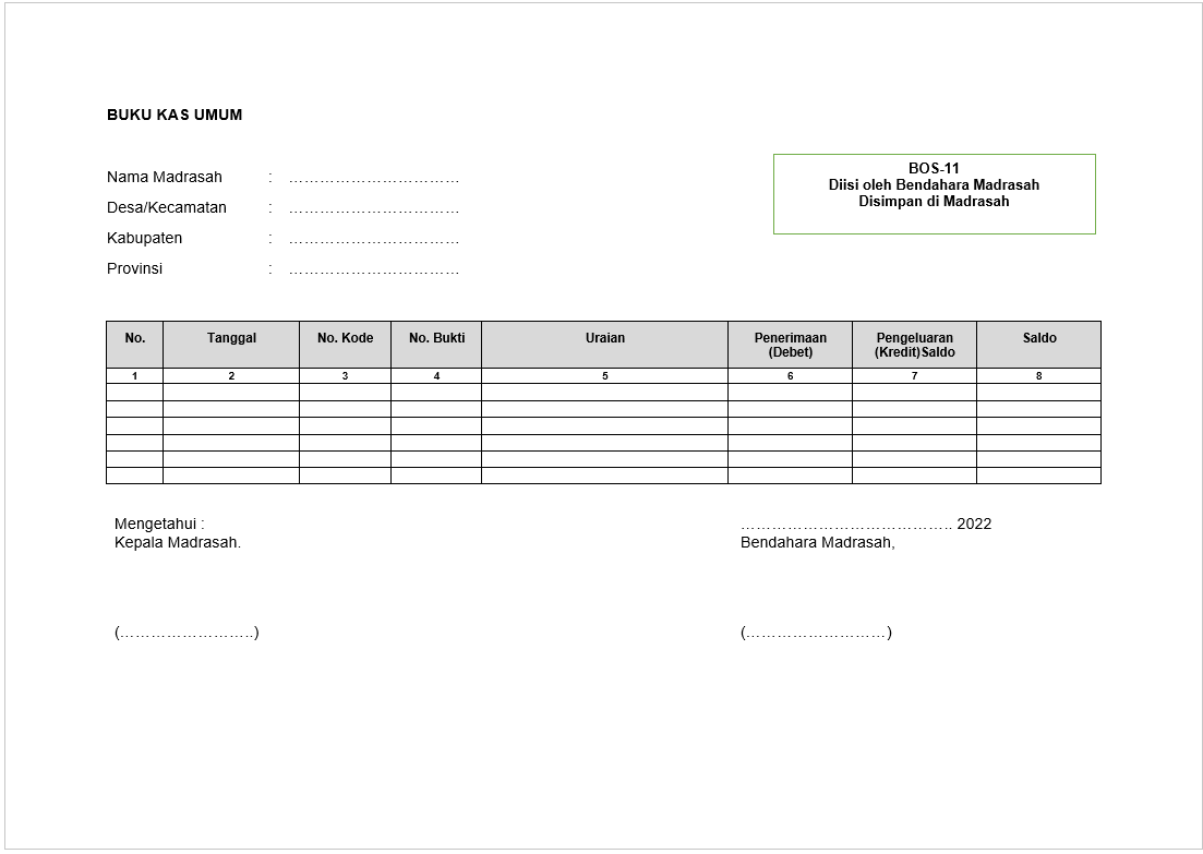 Download Format BOS11 Buku Kas Umum BOS Sekolah/Madrasah