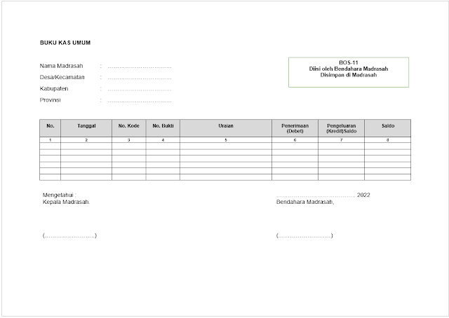 Download Format BOS-11 Buku Kas Umum BOS Sekolah/Madrasah