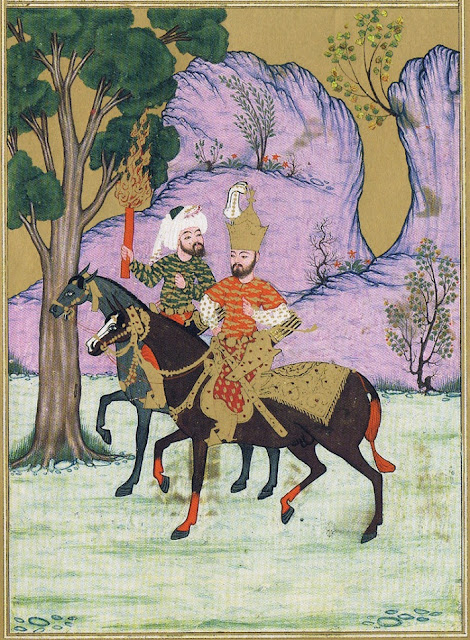 Царь Александр и Хидр вступают в страну тьмы.  Средневековая персидская миниатюра.