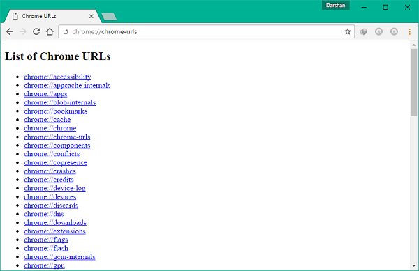Скрытые URL-адреса или внутренние страницы Chrome