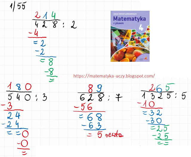 ćw. 1 i 2 str. 55 "Matematyka z plusem 4" Działania pisemne, zadania tekstowe