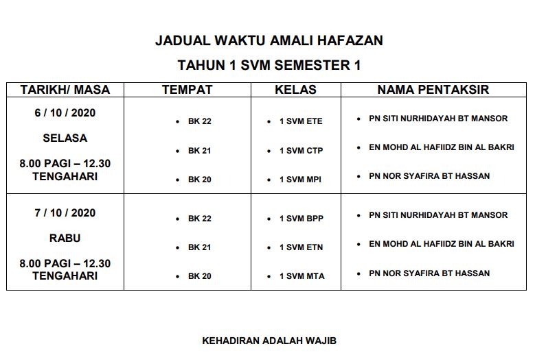 Kolej Vokasional Lebuh Cator Jadual Peperiksaan 1 Svm Sem 1 2020