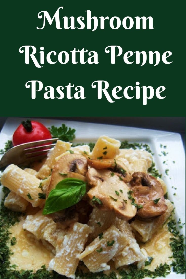 this is a mushroom penne pasta dish with ricotta cheese on a plate and creamy marsala sauce