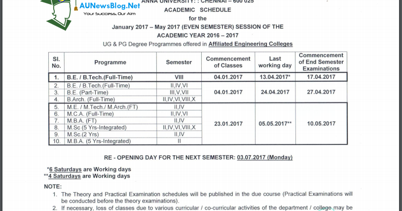 Anna University Academic Schedule 2017 & Updated Reopening date for