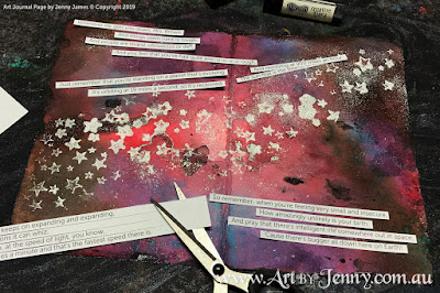 adding the lyrics for Galaxy Song on the galaxy mixed media artwork by Jenny James