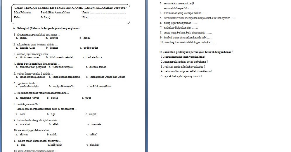 Soal Uts Pendidikan Agama Islam (PAI) Kelas 1 SD SIMASEDA